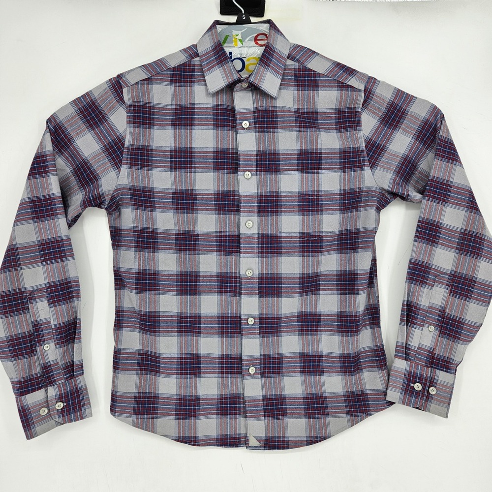 Untuckit Shirt Mens Small Button Up Plaid Gray Red Slim Fit Long Sleeve Preppy